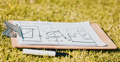 Buy stock photo Clipboard, paper and soccer strategy, planning with tactics for team game plan and formation on a grass sport field. Document, pen and icon drawing, sketch and football plan for match on sports pitch