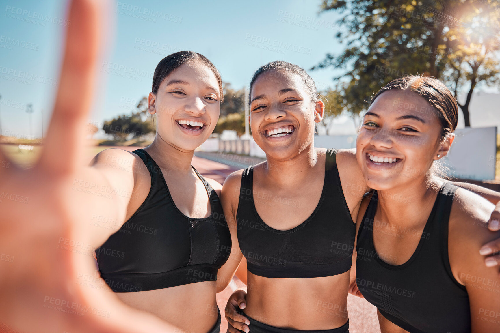 Buy stock photo Selfie, sports and friends in collaboration at a stadium for fitness, running and marathon. Training, teamwork and hand of a woman with a photo with athlete group at a sport competition by a field