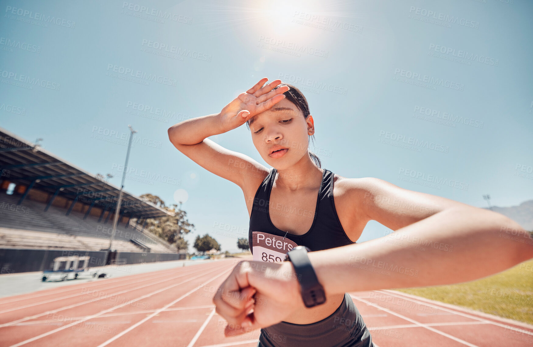 Buy stock photo Tired, smart watch and athlete check for running speed, pace and time in routine workout, exercise and training. Fit, active and healthy woman monitoring wellness, endurance or cardio health on track