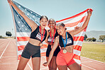 Winner, women and medal with American flag in celebration, goal or sports achievement on circuit. USA flag, runner group and athlete girl with happiness for running, sport or winning competition