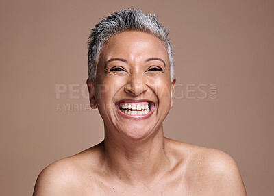 Buy stock photo Skincare, beauty and portrait of a senior woman with a smile, happy and relax against a brown mockup studio background. Wellness, luxury and face of an elderly model in retirement and happiness