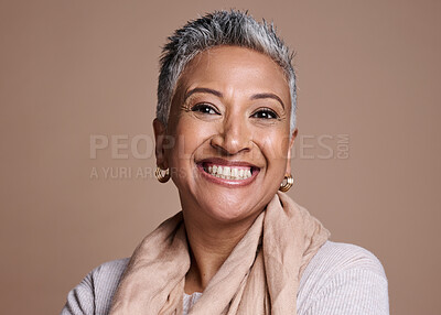 Buy stock photo Elderly woman, face and happy smile for skincare beauty and healthcare wellness. Natural facial makeup, anti aging cosmetics and happiness or healthy senior care portrait in brown background studio