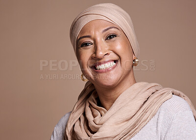 Buy stock photo Muslim, islamic and woman in studio portrait for hijab beauty, makeup and cosmetics mock up with marketing and advertising space. Happy arabic model face or headshot with a smile for skincare