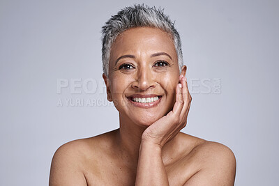 Buy stock photo Happy senior woman, studio and beauty for skincare, makeup and smile with facial glow in portrait. Elderly model, black woman, and skin for wellness, health and self care by cosmetic background