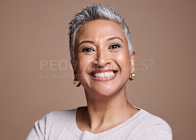 Buy stock photo Black woman, beauty and smile in studio for senior skincare, cosmetics or fashion on brown background for health, wellness and motivation. Face portrait of mature model with perfect teeth and skin