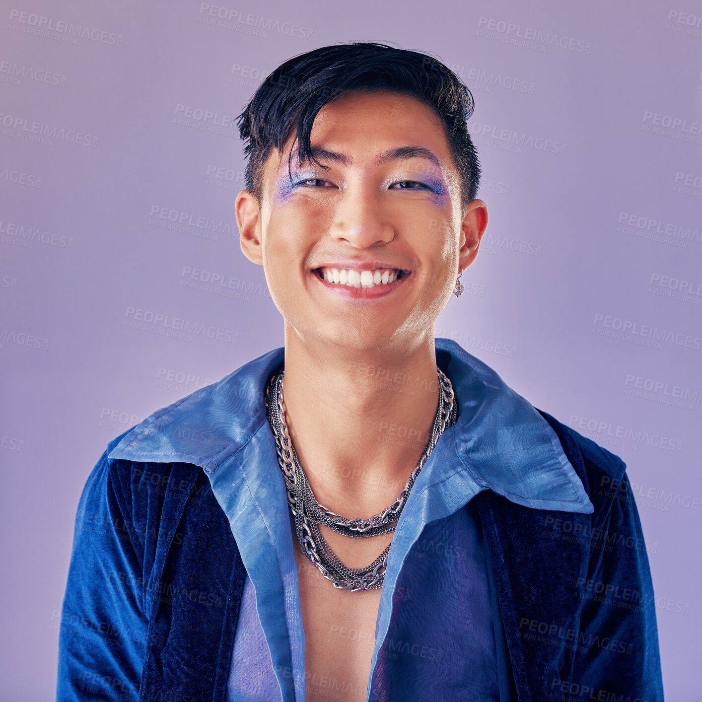 Buy stock photo Beauty, makeup and man in studio for skincare, luxury and creative, expression and fashion purple background mockup. Portrait, asian man and lgbt model happy, smile and relax, vaporwave and aesthetic