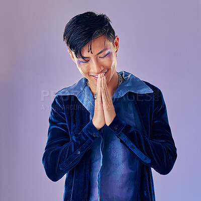 Buy stock photo Man, fashion makeup or punk rock hands in thank you, welcome or Japanese greeting on creative purple background studio. Smile, happy or artistic musician cosmetics, vintage clothes or prayer gesture