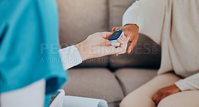 Buy stock photo Women, hands and nurse in pulse oximeter check in nursing home or house living room for heart cardiology wellness. Zoom, healthcare worker and patient blood oxygen test for life insurance management