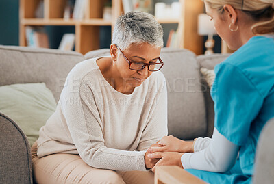 Buy stock photo Mental health, support and nurse with senior woman holding hands for support, healthcare and depression expert advice. Retirement empathy, psychology help and sad elderly patient talking to caregiver