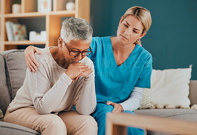 Buy stock photo Bad news, support and nurse with a senior patient sitting on a sofa in her office at the hospital. Sad, upset and elderly woman with comfort from healthcare employee after medical diagnosis at clinic