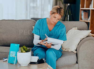 Buy stock photo Medical, sofa and nurse writing notes in living room at home care with insurance paperwork. Professional, work and healthcare professional doing analysis on nursing results, documents or information.