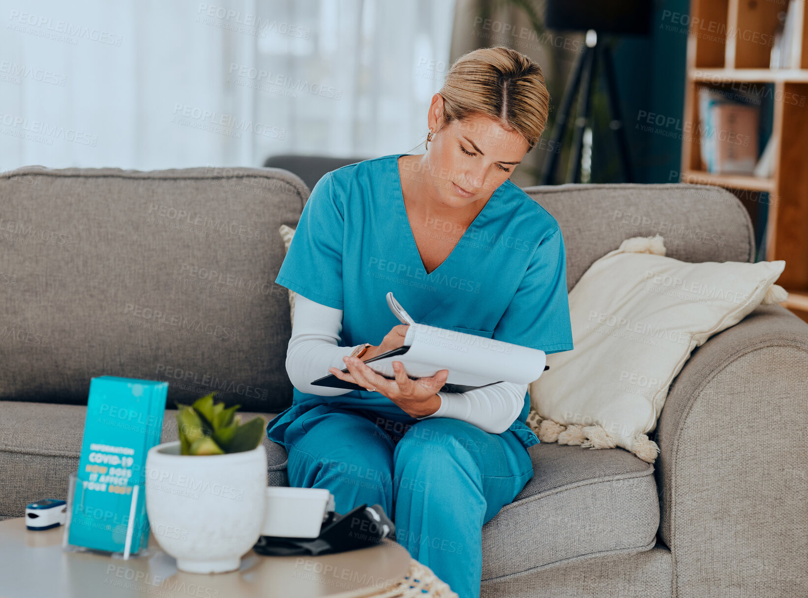 Buy stock photo Medical, sofa and nurse writing notes in living room at home care with insurance paperwork. Professional, work and healthcare professional doing analysis on nursing results, documents or information.