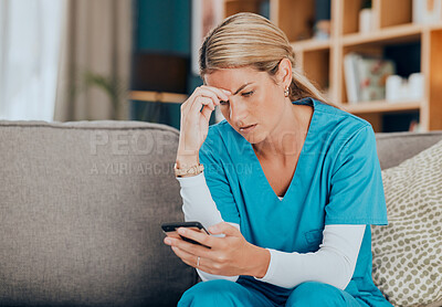 Buy stock photo Phone, healthcare and worry with a woman nurse reading a text message while sitting on a sofa in a hospital office. Mobile, medicine and medical with a female health professional receiving bad news