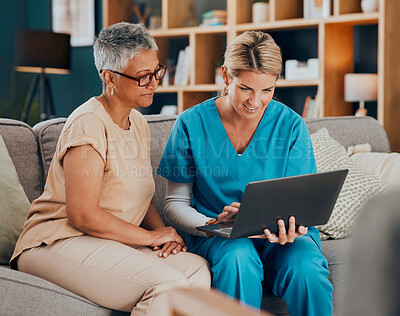 Buy stock photo Home visit, woman and doctor with laptop on sofa checking medical results or chart online. Healthcare, technology and nurse or caregiver help consulting with patient on computer on living room couch.