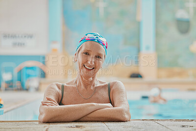 Buy stock photo Swimming pool, fun and portrait of a senior woman doing water aerobics for exercise or workout. Happy, smile and elderly lady in retirement doing aquatic training lesson for skill, health or wellness