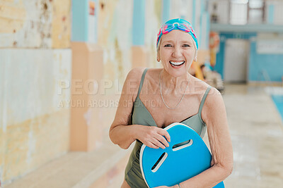Buy stock photo Senior woman, smile and swimming lesson, pool and workout, sport and training with happiness indoor. Portrait, happy or elderly female at swimming pool for swim class, learning or exercise with board