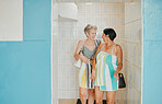Excited, communication and senior women going swimming on a holiday together. Training, happy and elderly friends ready in a bathroom to swim on a vacation to relax, peace and smile in retirement