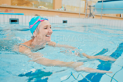 Buy stock photo Swimming, physiotherapy and exercise with a senior woman in water for rehabilitation or recovery. Fitness, pool and health with a mature female being active during a swim in the gym for wellness