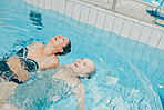Swimming pool, fitness and physiotherapy with senior women for training, wellness and sports exercise. Relax, peace and workout with elderly friends in water for health, retirement and rehabilitation