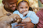 Love, dog and happy family bond of child, father and mother having fun, playing and enjoy quality time peace together. Child care, life growth and black family of kid girl, parents and pet animal