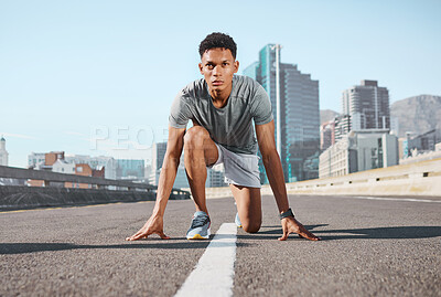 Buy stock photo City street, runner start and athlete training for marathon race, exercise or fitness challenge on Los Angeles California road. Running motivation, body wellness and black man focus on health goals