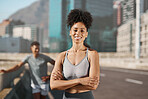 Fitness, city and portrait of happy woman in the street for workout, run or sports training. Health, wellness and lady athlete from Puerto Rico in urban town road to practice or exercise for marathon