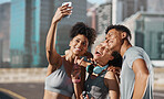 Fitness, city friends and phone selfie, motivation for training with happy runner friend or personal trainer. Urban workout, running club and fun photo with smile on smartphone after healthy exercise