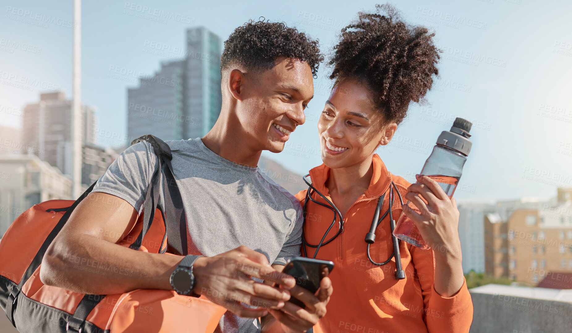 Buy stock photo Couple, fitness team or phone in city for fitness management app, health data analysis or workout progress report. Smile, happy man and woman or sports friends bonding with mobile training technology