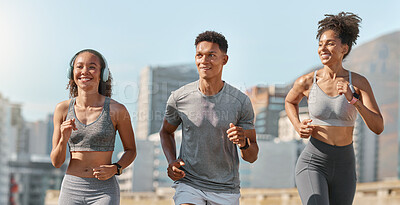 Buy stock photo Group, city run and friends running for fitness exercise, summer runner workout and cardiovascular health together. Black people, training for marathon and a competitive sports wellness race in town 