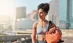 Fitness, health and sports bag with black woman in city for workout, training and running. Summer, runner and cardio with girl athlete in urban road for calm, focus and relax after exercise