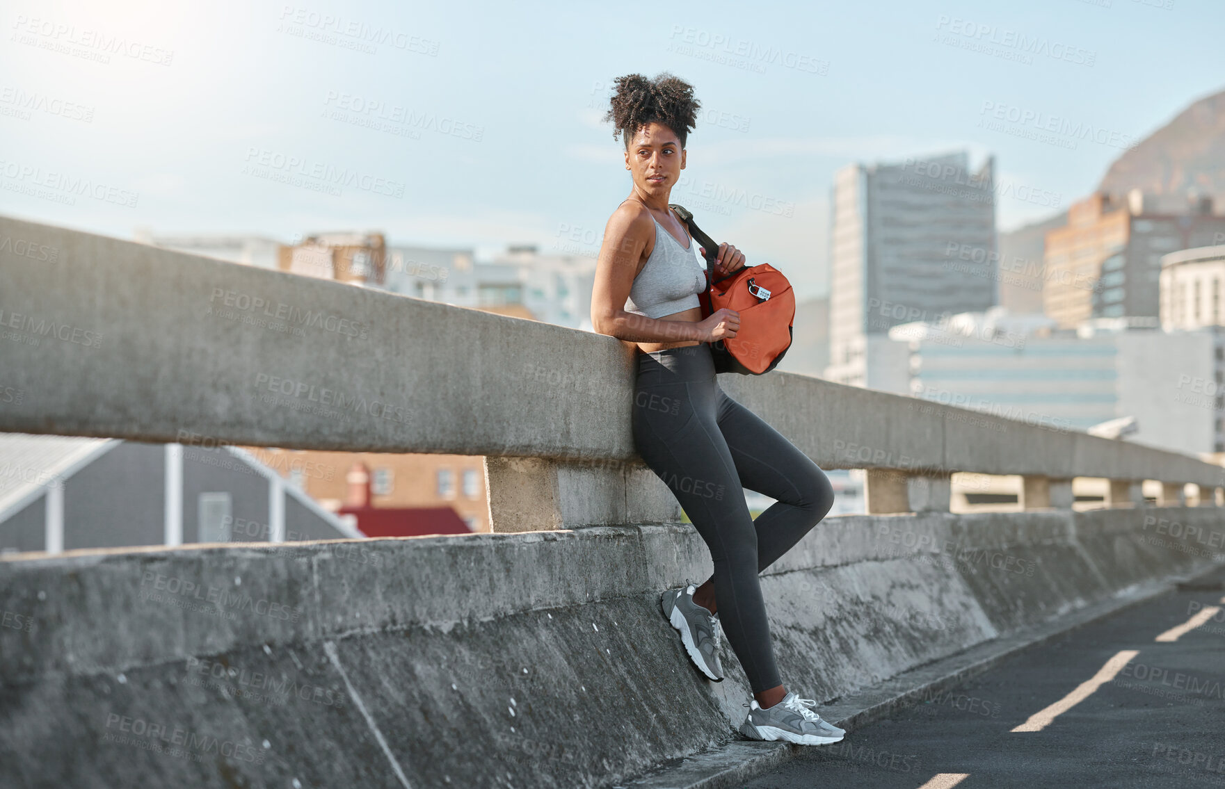 Buy stock photo Fitness, sport and black woman in urban city after exercise, relax and break with workout and training. Sports motivation cityscape, young female athlete with sportswear and healthy, active outdoor.