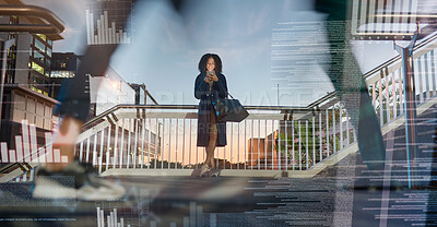 Buy stock photo Woman, phone and double exposure hologram in city at sunset. Data overlay, digital transformation and female on smartphone ux or 5g mobile, social media or web browsing, iot and future communication.