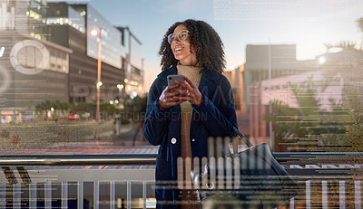 Buy stock photo Black woman, phone and city in social media vision for communication technology at night on overlay. African American female smile for social networking or chatting on smartphone in double exposure