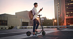 Creative student, electric scooter or man with phone is city, street or building at night networking, 5g network or social media. Travel, designer or male with smartphone for contact us or media app
