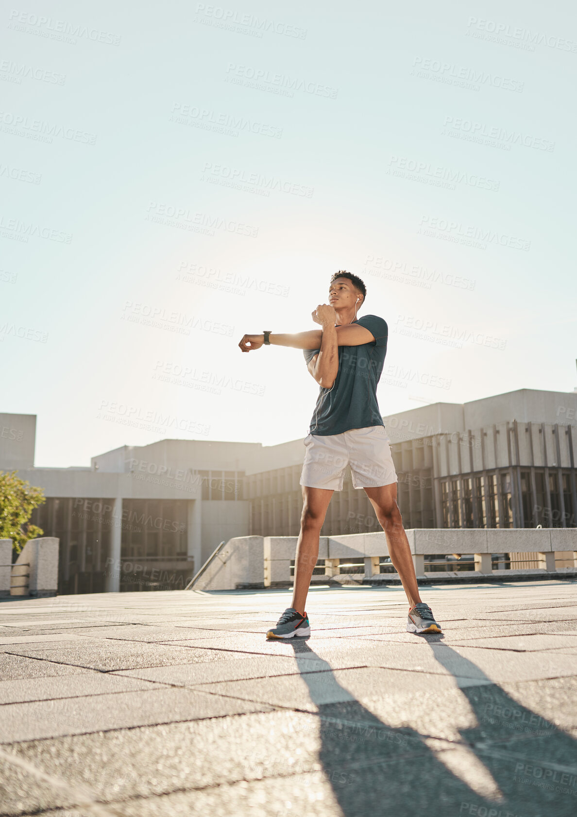 Buy stock photo City fitness, arm stretch and man exercise at sunrise, cardio and morning run with mockup background. Runner, stretching and black man training at sunset in town for wellness, health and workout