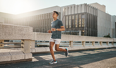 Buy stock photo Fitness, health and city man running on street with motivation, healthy mindset and summer morning energy for training. Urban workout, cardio exercise and runner on bridge, focus on sports lifestyle.