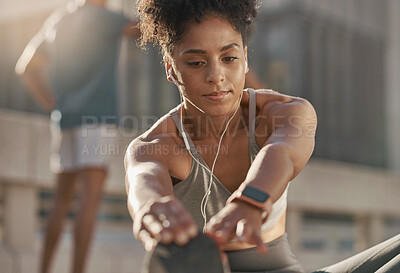 Buy stock photo Music, headphones and black woman stretching for fitness warm up, cardio exercise and training for marathon race. Workout, health commitment and runner listening to radio or streaming audio podcast