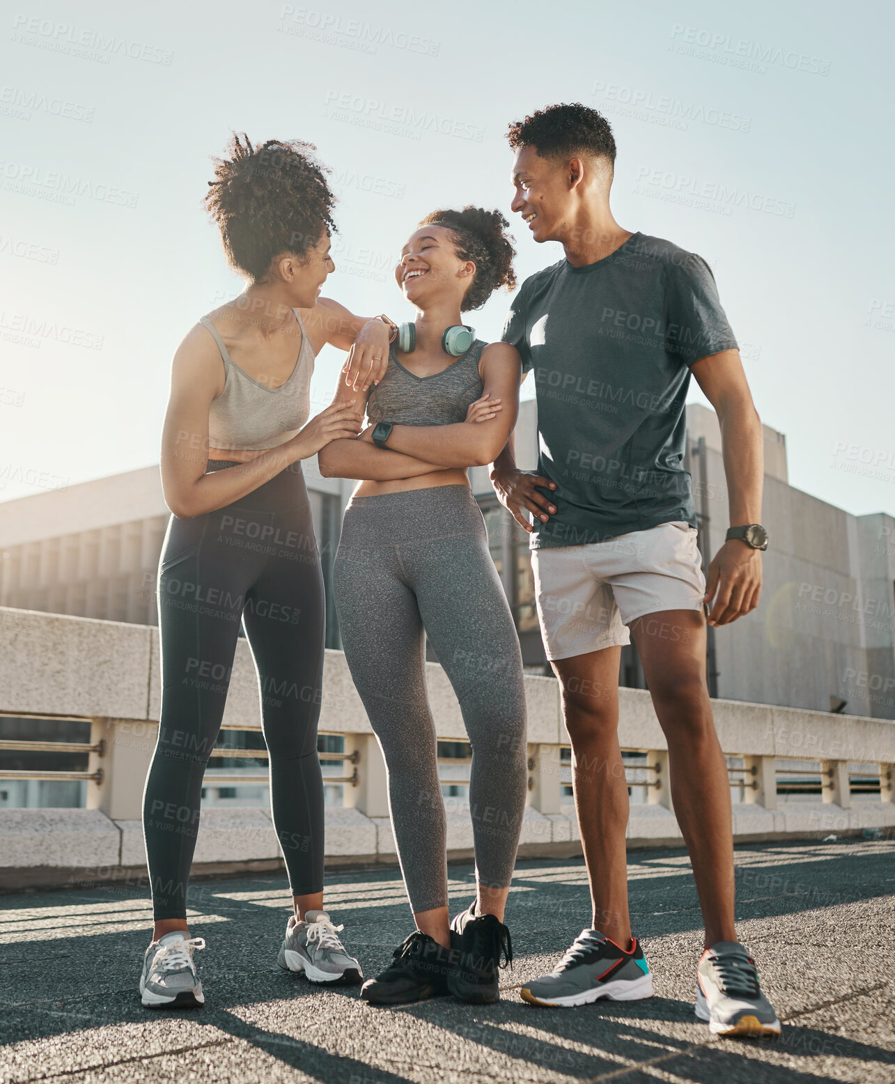 Buy stock photo City running friends, group smile and laugh together on road after run in town for outdoor summer workout, fitness exercise and training for marathon. Happy black athletes, man and women after cardio