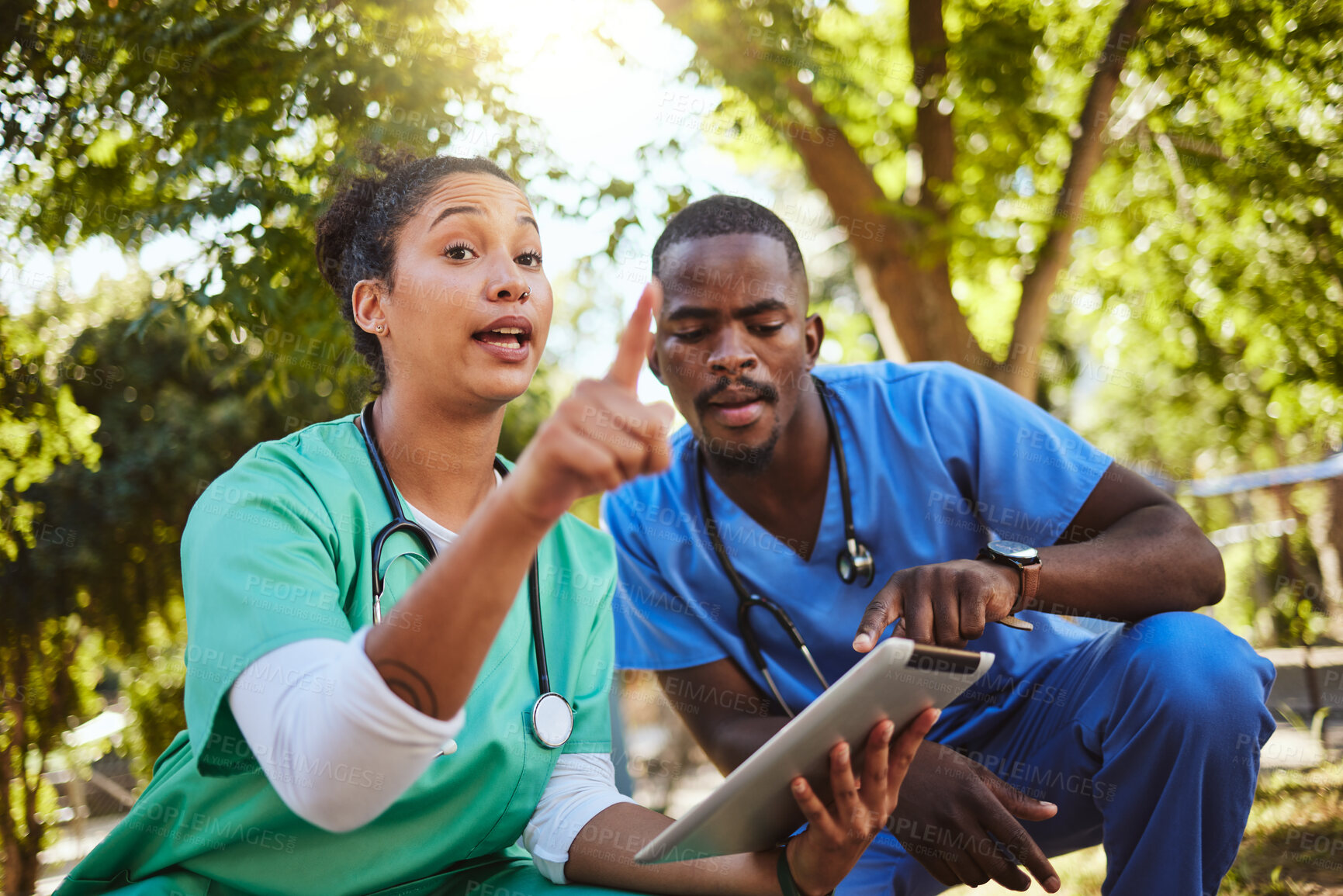 Buy stock photo Veterinary, woman and intern working on digital tablet at a farm, planning and collaboration in the countryside. Vet, assistant and and online research for problem solving, management and animal care