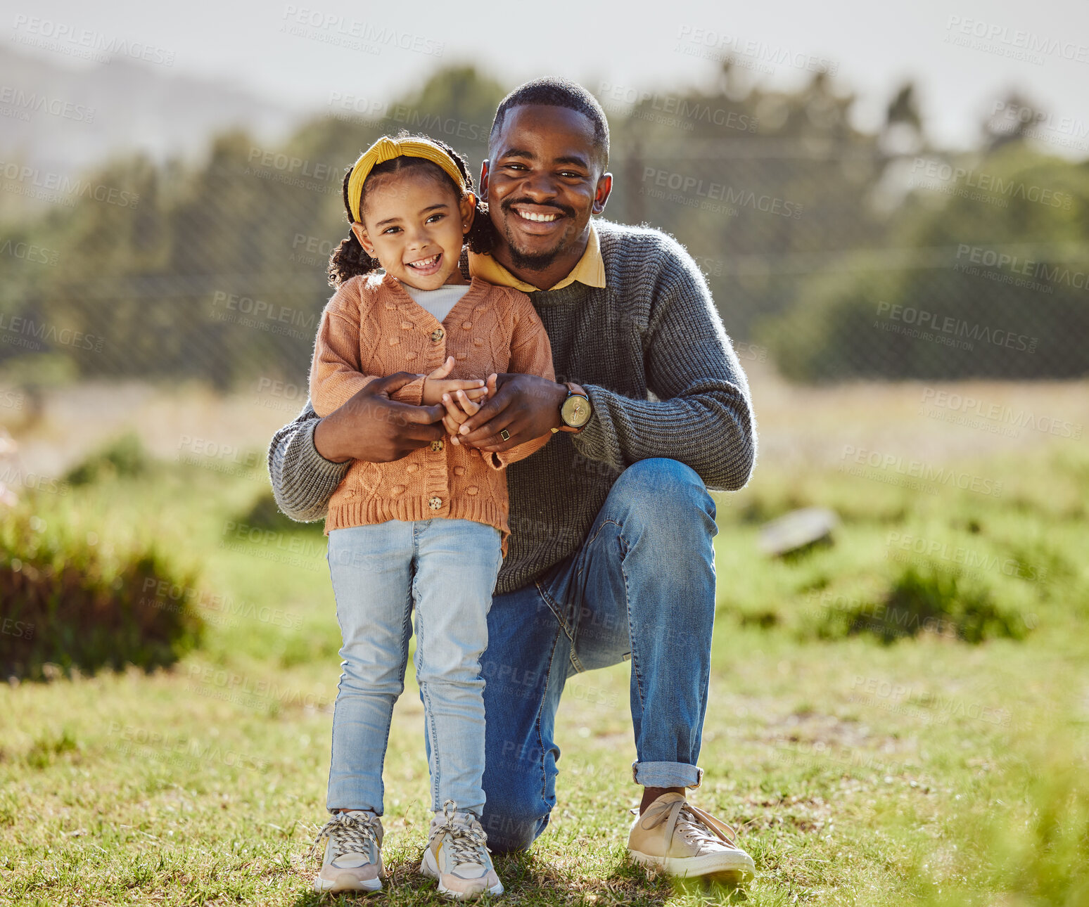 Buy stock photo Park, portrait and father hug child for nature holiday, outdoor adventure and fathers day love in green countryside field. Happy family, dad and girl kid bonding together for vacation and spring