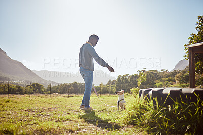 Buy stock photo Man training dog pets at park, garden and outdoors on a leash with sky background. Black man walking a jack russell terrier puppy animal and learning trick, command or play on grass field in nature