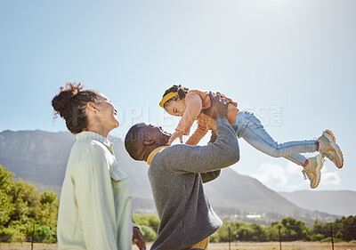 Buy stock photo Black family, nature and parents play with child on weekend countryside vacation for peace, freedom and quality time. Love, trust and fun happy family of mother, father and kid girl bonding together