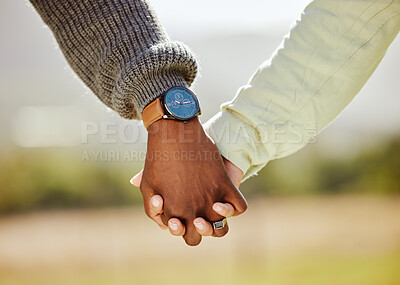 Buy stock photo Love, trust and couple holding hands in nature for spring, support and happy in park together. Unity, summer and hope with hands of man and woman in countryside park for partnership, health and time