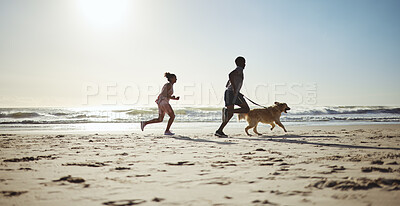 Buy stock photo Fitness, couple and dog at beach for running, health and exercise in nature, sand and blue sky background. Ocean, workout and woman with man on cardio run with pet labrador, training and wellness 