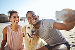 Couple, phone selfie and dog on beach for social media post, video call or memory vlog by ocean, sea or water. Smile, happy or bonding black woman, man and golden retriever in mobile photography tech