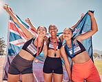 Winning, flag and athlete people or women team with medal for achievement, success and competition portrait on stadium. New Zealand sports champion or winner women group with award at a race event