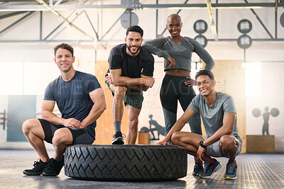 Buy stock photo Fitness, friends and gym portrait by happy, relax and proud group ready for training, fitness and challenge. Personal trainer, team and woman with men at a sports center for cross, workout and fit