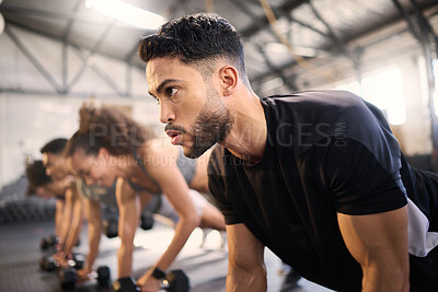 Buy stock photo Workout class, planking and black man with motivation in a gym, fitness and exercise gym challenge. Training, sport and body balance of a athlete doing muscle cardio with commitment in wellness club