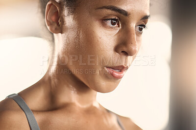 Buy stock photo Fitness, face and woman at gym for training, exercise and stop to breath, relax and rest with mockup. Mindset, focus and black woman taking a break from pilates, wellness and breathing exercising