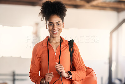 Buy stock photo Portrait, fitness and gym with a sports black woman ready for exercise or training alone in a health club. Wellness, workout and healthy with a strong or attractive young female in a sport facility